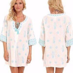 Trina Turk Ivory and Aqua Embroidered Cotton Tunic - Size S